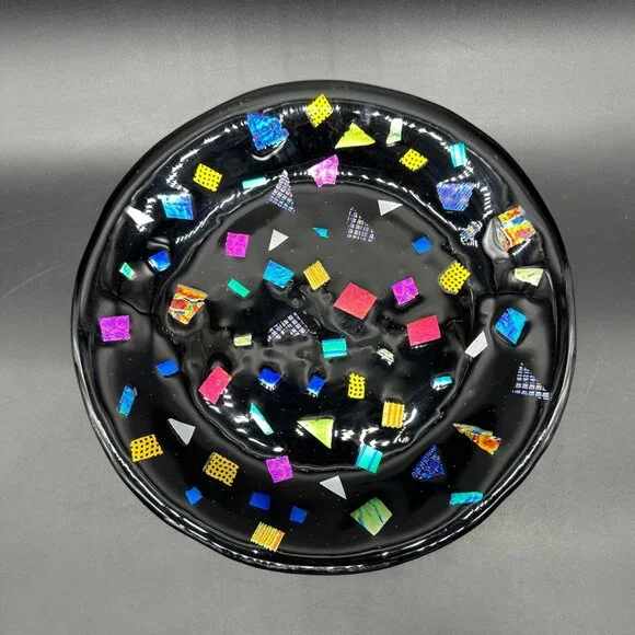Fused Glass Plate Abstract Mosaic Black Rainbow Handmade Art Decor Dichroic Tray - Picture 2 of 7